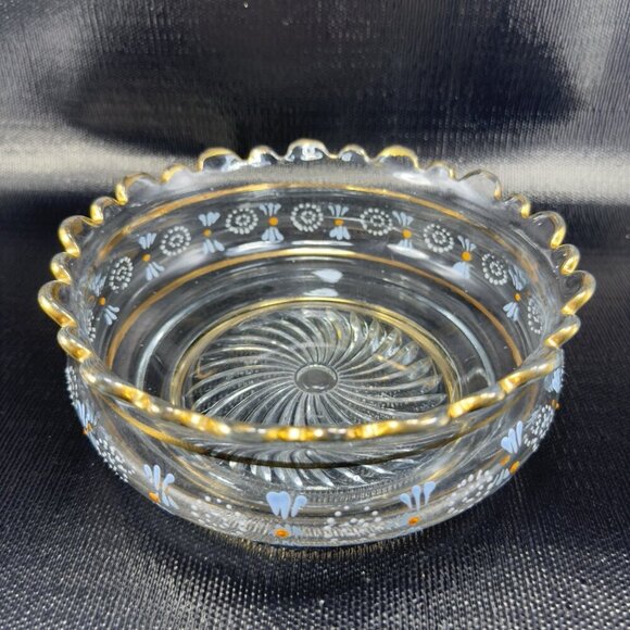 Antique Enameled Paint Large Glass Bowl Dish Gold Painted Edge Manganese 365nm - Picture 7 of 16